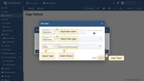Enter "edge device" into the Alias name field. For the Filter type, select "Single entity". In the Type field, choose "Device". Then, in the Device field, select "In-vehicle monitoring system". Finally, click the "Save" button.