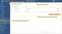 Ensure that you have previously created and configured Dashboards on the Klyff server and then go to the Edge management>Instances section and open the "Manage dashboard" page. View all Dashboards already deployed, or click the "+" icon to deploy the Dashboard to the Edge instance.