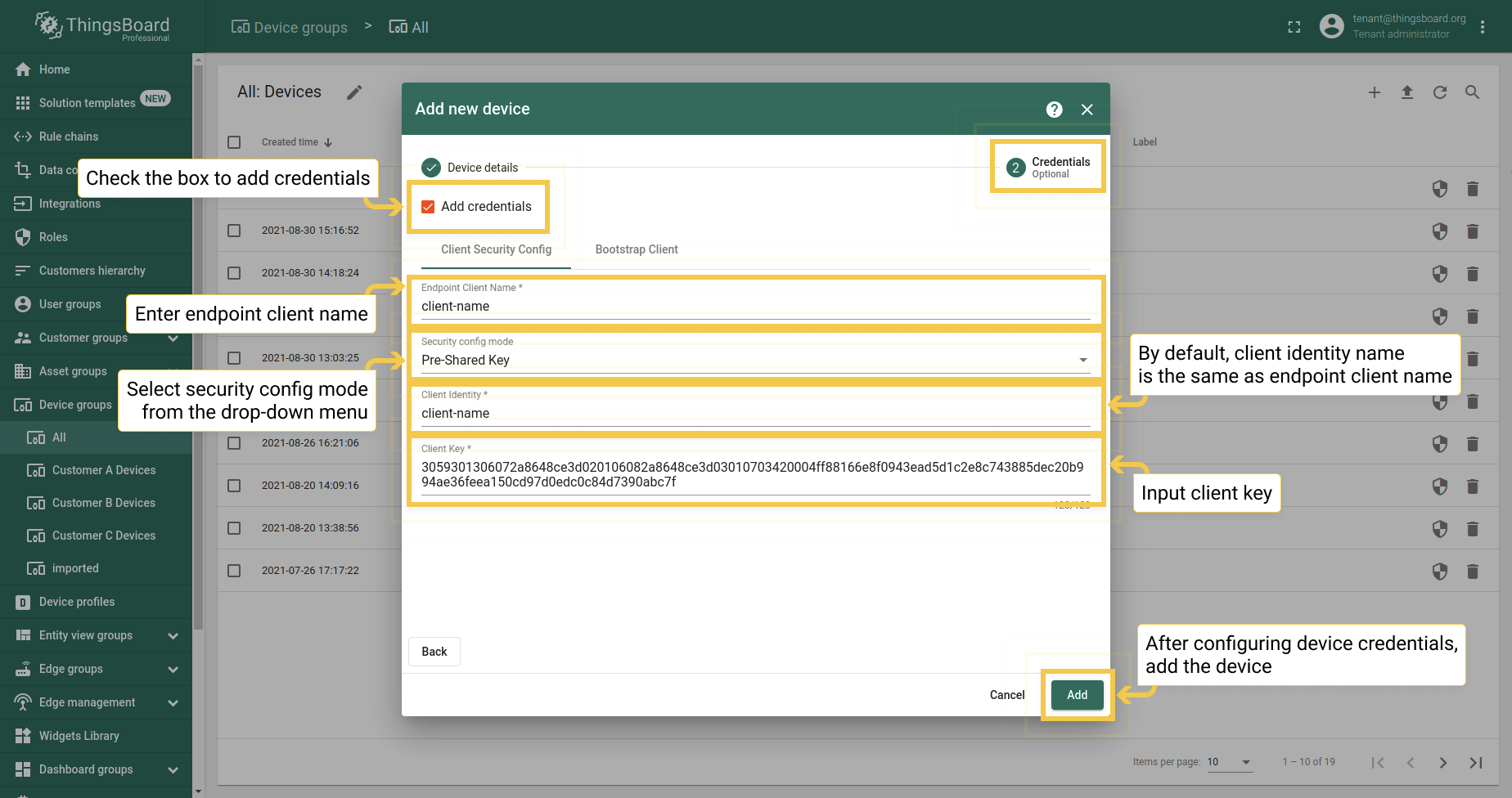 Add device credentials: Pre-shared Key