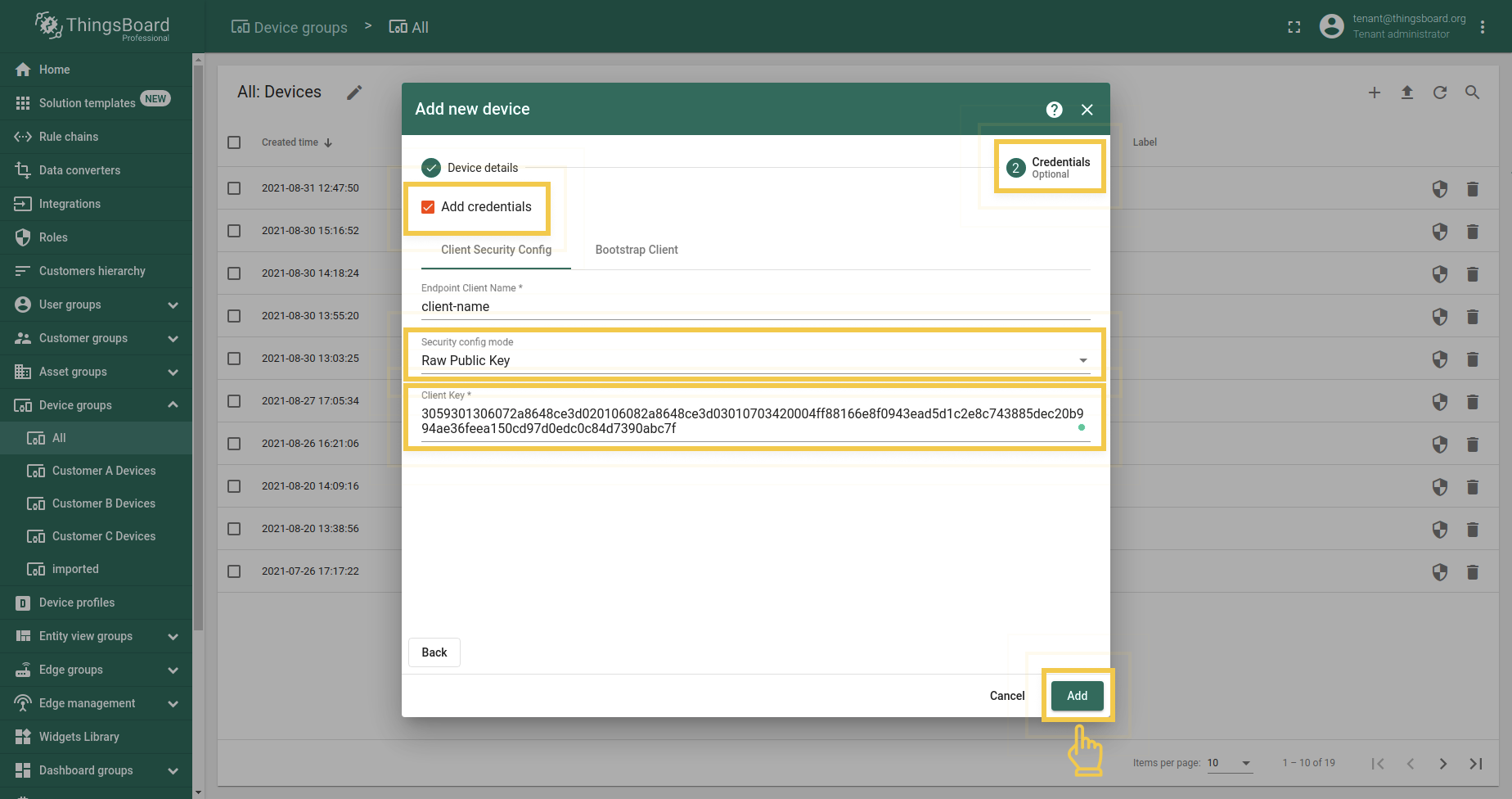 Add device credentials: Raw Public Key