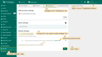 Sign in to your Klyff instance and open the "Settings" page. Navigate to the "Notifications" tab, and uncheck the "Use system mobile settings" box (if you log in as a tenant) in the "Mobile settings" section. Here, upload the private key file you generated in the Firebase project and click "Save" to finalize the configuration.