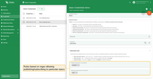 Examples of rule patterns that permit publishing to topics starting with "country/" and subscribing to topics starting with "city/".