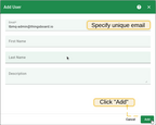 Provide the email address, which must be unique within the system. The fields for first name, last name, and description are optional. Click "Add" to create the user.