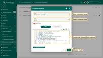 1. Enter the converter name, e.g., <b>Temperature converter</b>. 2. Select the converter type: <b>Uplink</b>. 3. Insert the code snippet from the example. 4. Click the <b>Add</b> button.