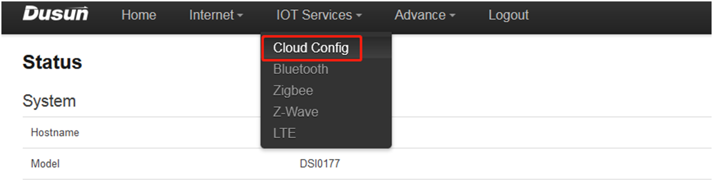 Choosing cloud config item from IoT Servicees menu item