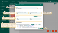 Name it "IAQ data emulator". Set the number of messages to send to 100 and the sending period to 600. Specify the device "AM-307" (IAQ Sensor) as originator. Copy the script from the documentation and paste it into the generator function section to simulate water consumption, and battery voltage telemetry data. Click "Add."