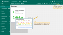 The "Power consumption history" widget has been added. Place it to the right of the "Power consumption per hour" widget and resize it to your liking. Save the dashboard to apply the changes.