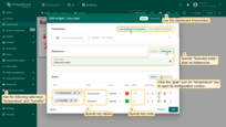 In this widget, we'll use the dashboard's time window. Specify "Selected entity" alias as the data source. Add data keys "temperature" and "humidity" and specify their labels and units. Then, click the "gear" icon for "temperature" key to open its configuration window;