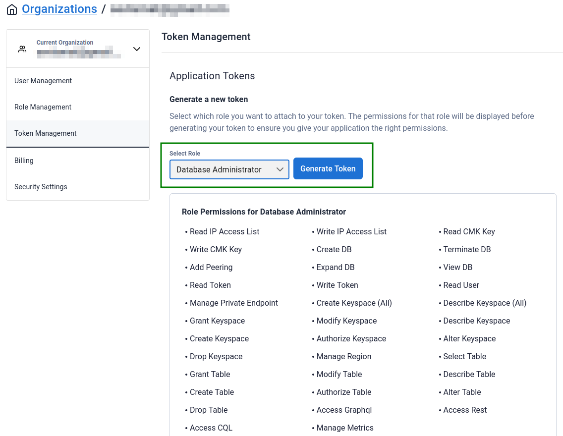 Generate database administrator token