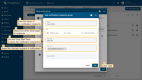 A new window will pop up. Enter the name of the notification recipient(s). Next, select one of the three types of recipients: platform users, Microsoft Teams, or Slack entities, and specify who exactly you want to send notifications to. Click "Add";