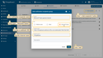 Click the "Add recipients" button in the upper right corner of the "Recipients" tab. A new window will pop up. Enter the name of the notification recipient(s). Next, select the "Microsoft Teams" type. Next, you need to specify the webhook URL for the Microsoft Teams channel where the notifications will be sent. In the “Channel name” field, specify the channel to which you want to send notifications. Click "Add";