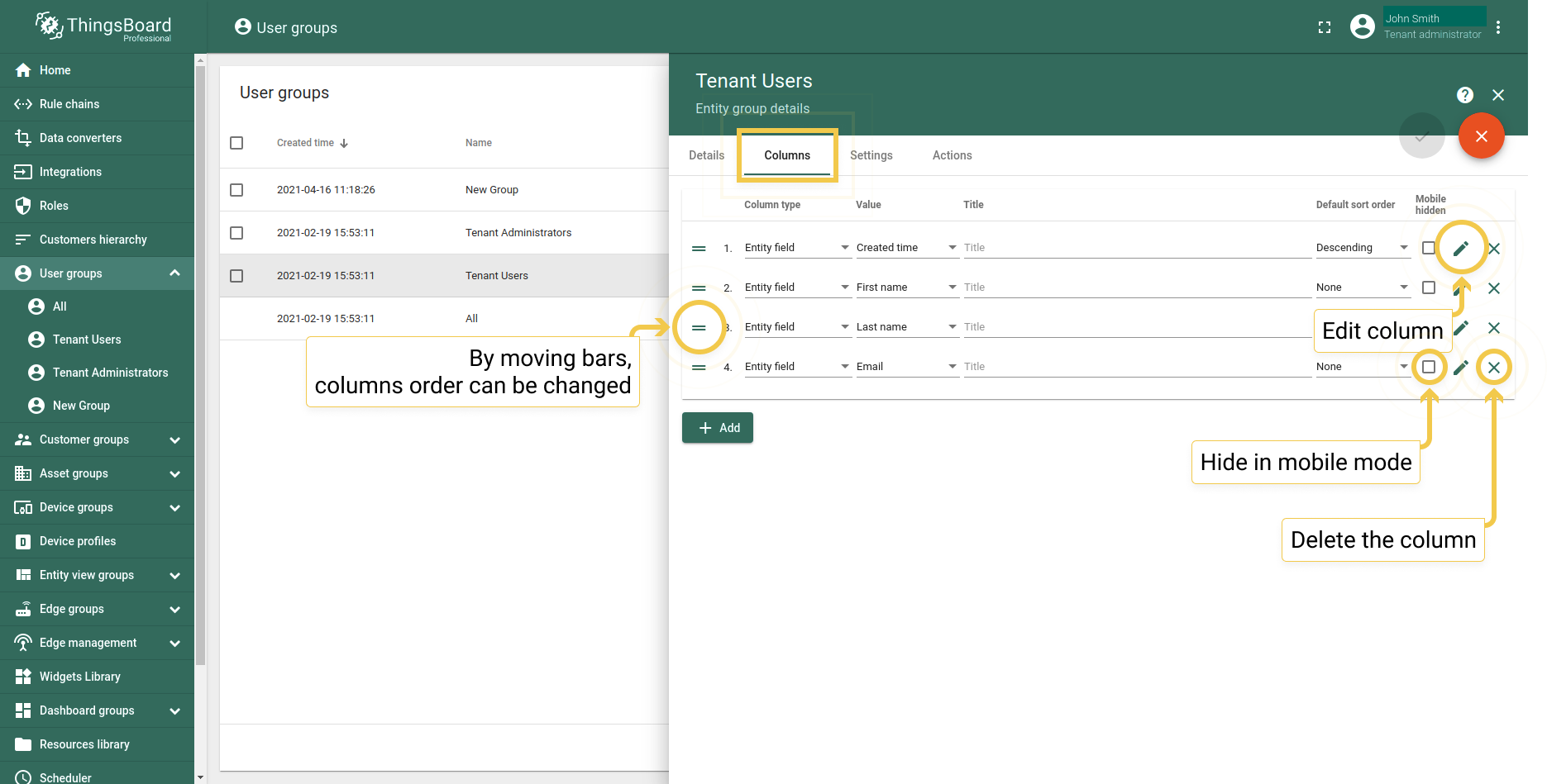 The Column tab is responsible for the type, value, interface and sort order of the columns of the user group.