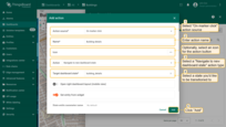 Select "On marker click" as the action source. Input a name for the action. Optionally, select an icon. Select a "Navigate to new dashboard state" action type from the "Action" drop-down menu. After choosing an action type, the "Target dashboard state" drop-down menu appears. Select a previously created state you'd like to be transitioned to. When the desired state has been selected, click the "Add" button;