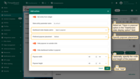 Select the "Open in popover" option in the "Dashboard state display options" field, and specify the placement of the popover. Optionally, specify the width and height of the popover. Click "Add" to add the action;