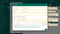 As an example for this manual, select "Widget header button" as the action source. Input a name for the action and select an icon that will represent an action button. With this icon, action will be performed. Select a "Custom action (with HTML template)" action type from the "Action" drop-down menu. In the tabs that appear, select "JavaScript" tab;
