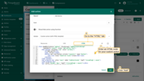 In "HTML" tab, enter an HTML code for your custom action. After input functions, click the "Add" button;