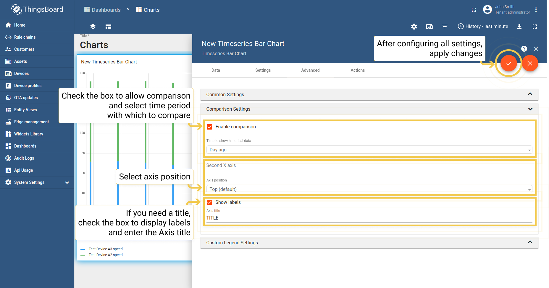 In Advanced tab, enable comparison and from the drop-down menu select time to show historical data with which to compare. In the "Second X axis" section, select axis position, where the compared axis will be located on the widget. If you would like title for the second axis, enable "Show labels" and enter the Axis title. When you are done with Comparison Settings configuration, click the orange checkmark in the upper right corner of the window to apply changes.