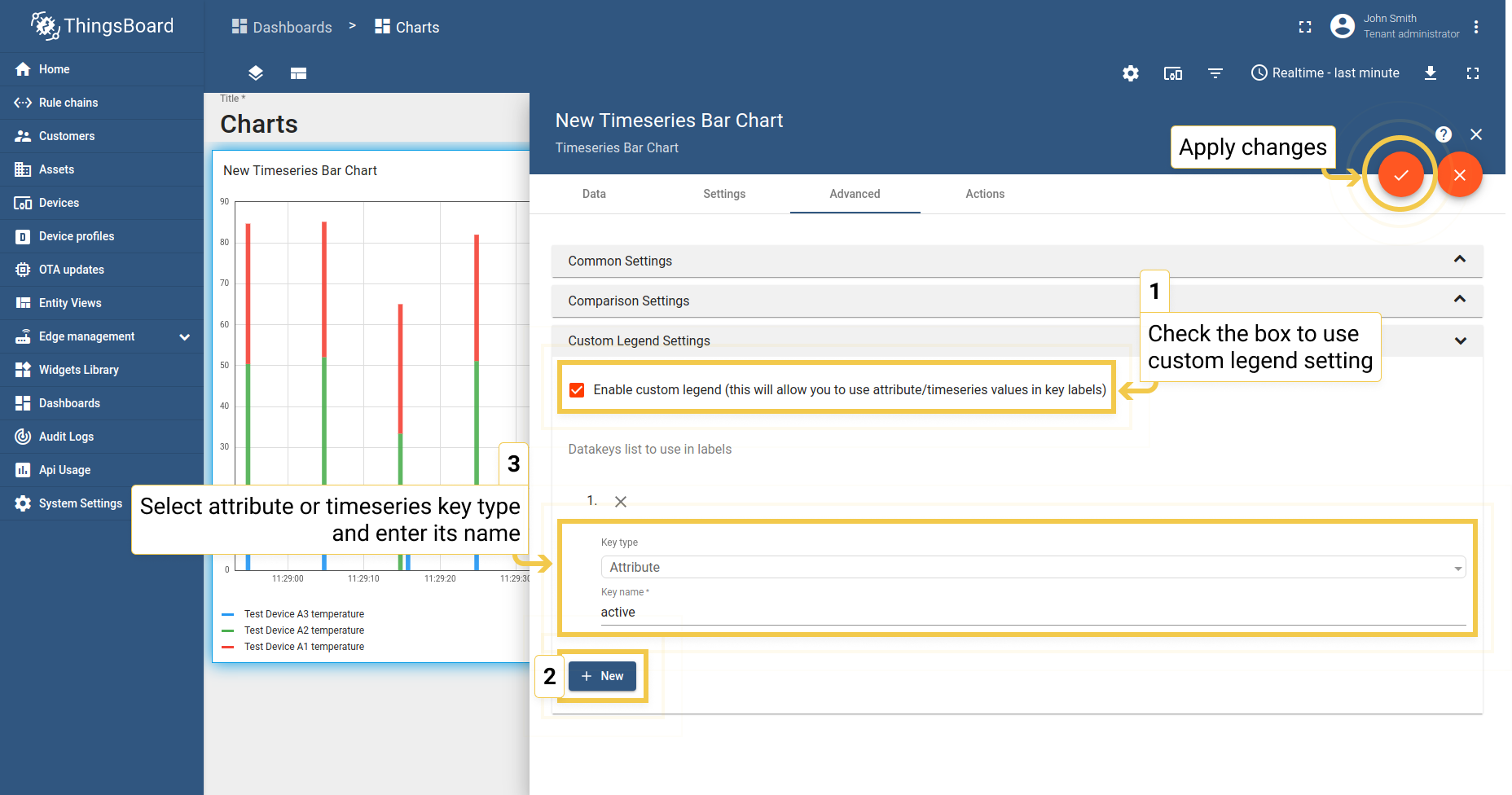 In the Advanced tab, enable custom legend to use attribute or time series values in key labels. Click the "+ New" button. From the appeared drop-down menu, select key type. The Key name is entered in the line below. Apply all configured settings by click the orange checkmark in the upper right corner of the window.