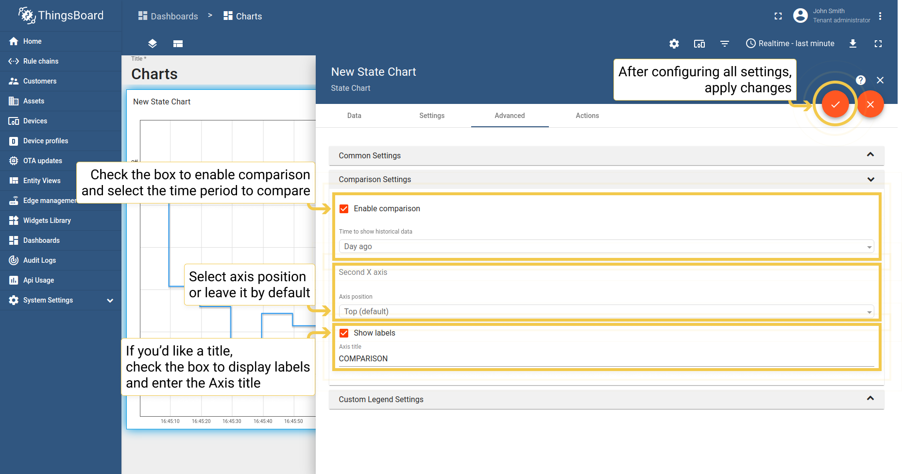 In Advanced tab, enable comparison and from the drop-down menu select time to show historical data with which to compare. In the "Second X axis" section, select axis position, where the compared axis will be located on the widget. If you would like title for the second axis, enable "Show labels" and enter the Axis title. When you are done with Comparison Settings configuration, click the orange checkmark in the upper right corner of the window to apply changes.