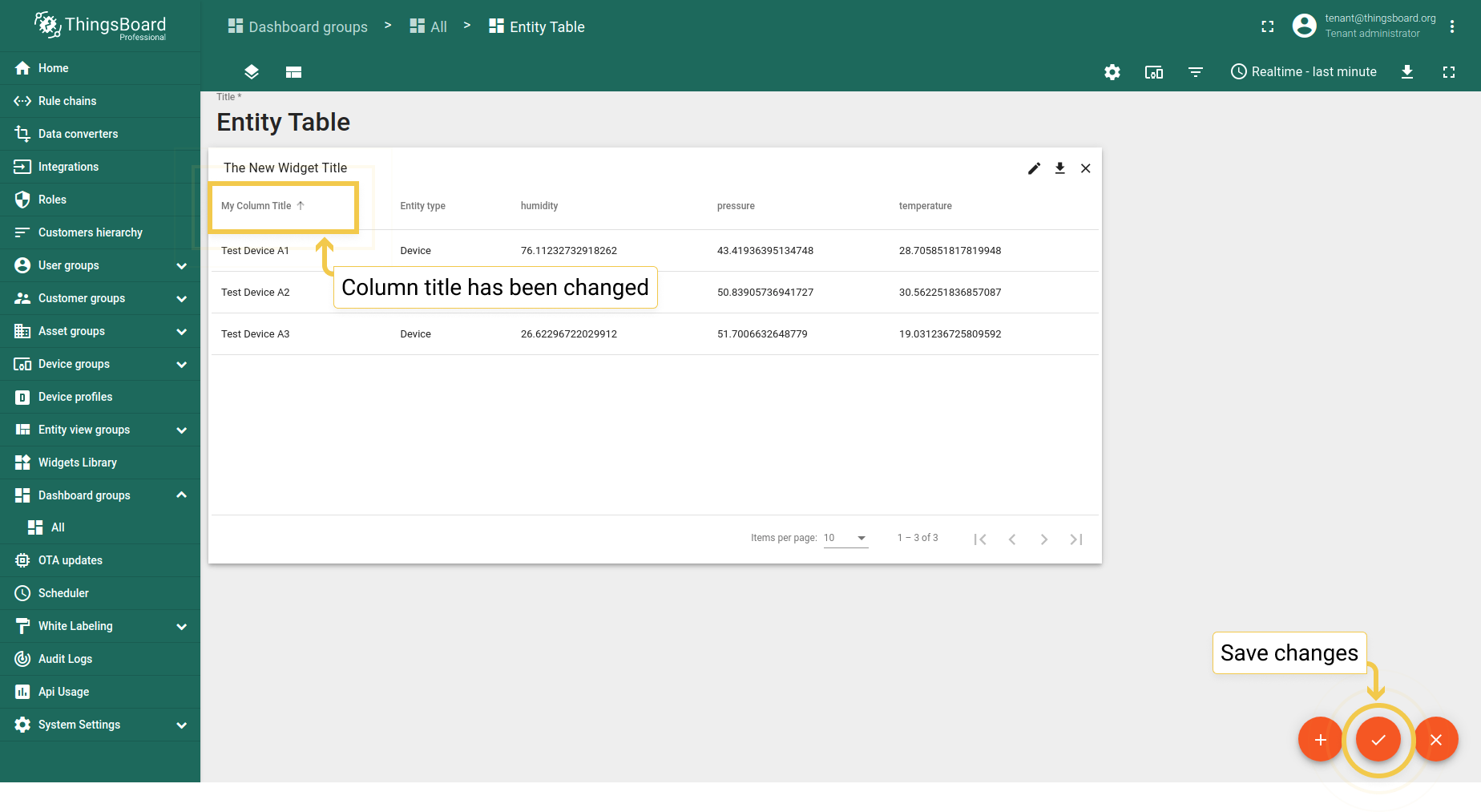Click the orange checkmark in the upper right corner to apply changes. An entity column title has been changed.